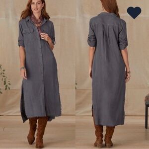Cloth & Stone Bernadette Maxi Shirt Dress Frayed Hem Side Slit Button Down